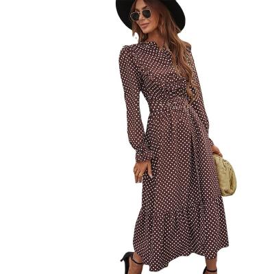 China Anti-Static Cheap Custom Made Polka Dots Digital Print Long Sleeved Collar Fashion Prices Big Hem Frill Flared Maxi Dresses for sale