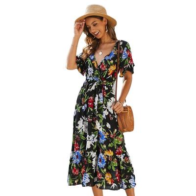 China Wholesale New Arrival Anti-Static Summer Printed Floral Lady Dresses Fashionable Hot Selling Casual Outfits for sale