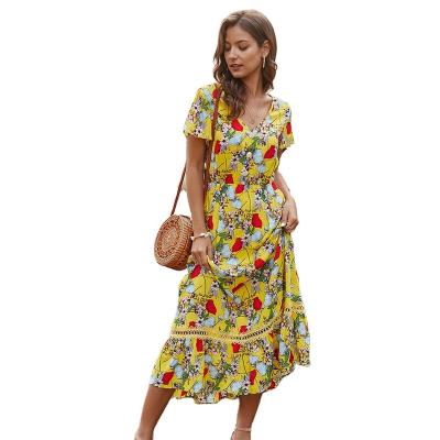 China Wholesale Custom Made Elegant V-Neckline High Waist Women Summer Anti-Static Floral Dresses A Line Chic Ladies Knee Length Dress for sale