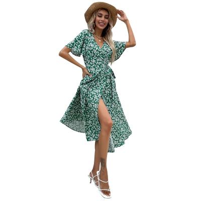 China Anti-Static Green Crossover V-Neck Floral Print Short Sleeve High Slit Tied A Line Dresses For Casual for sale