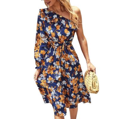 China New Arrival Anti-Static Women's Spring One Shoulder Ruffle Floral Print Long Casual Dress for sale