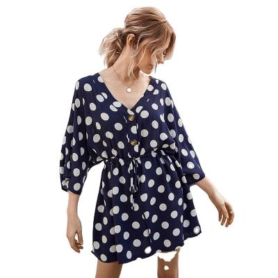 China Fashion Waist Quality Women's V-Neck Dot Pattern Printed Short Sleeve Vacation Anti-Static Casual Dress for sale