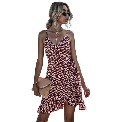 China New Design Summer Anti-Static Print Women's Fashion Floral Casual Dresses Sexy Irregular Sleeveless Sling Dresses for sale