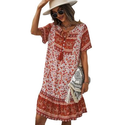 China New Collection Anti-Static Bohemian Style Round Neck Knot Shorts Sheath Straight Loose Knee Length Flare Dress For Beach for sale