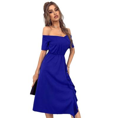 China New Styles Anti-Static ODM Supplier Custom Stockings Off The Short Sleeve Royal Blue Sexy Split Hem Women Casual Dress for sale