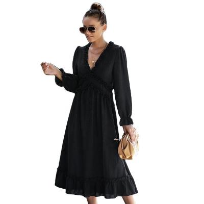 China New Casual Low V-Neck Edge Streetwear Dresses Ladies Ruched Anti-Static Elegant Waist Spring High Bottom Women Dress for sale