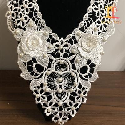 China Workable elegant white machine beaded pearl neckline 3d embroidery crochet polyester lace fancy collar for costume for sale