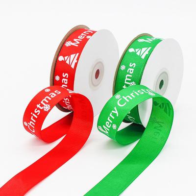 China Christmas Ribbons 20mm Customized Logo With Silkscreen Printing Ribbon 100% Sustainable Polyester Grosgrain Ribbon for sale