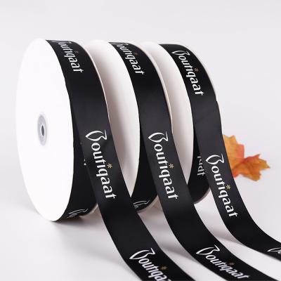 China Custom Printed Logo Ribbon New Polyester Ribbon Black Satin Ribbon Gold With Logo for sale