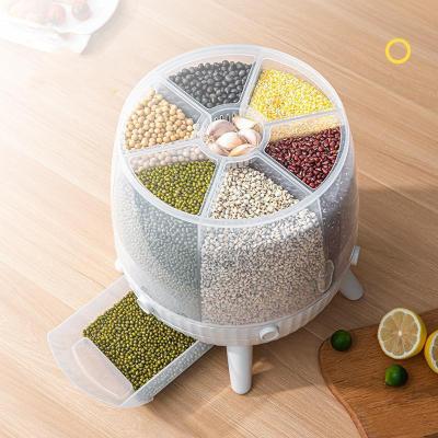 China Sustainable 6kg Household Cereal Bean Slot Format Plastic Revolving Conveyor Matched Dispenser Sealed Rice Bucket Push Type Storage Box for sale