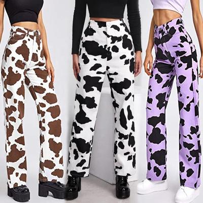 China Sustainable leopard print fashion jeans ladies left straight pants high-waisted cash cow print zipper jeans for women for sale