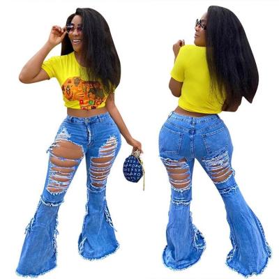 China New Arrival Breathable Hot Fashion Trend Sale Casual Hole Jeam Pants Ladies Clothing Women Denim Flare Pants for sale