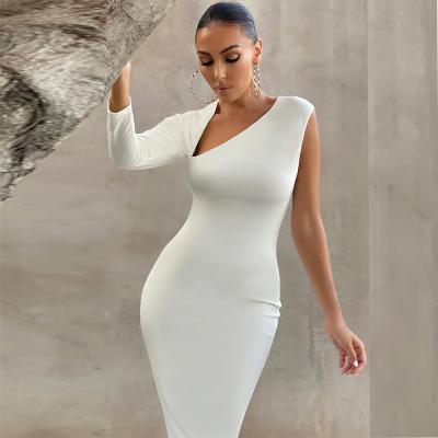 China One Shoulder V-Neck Midi Bandage Dress 2022 New Year Asymmetrical White Bodycon Dress Women Sexy Anti-Static Dress Dress for sale