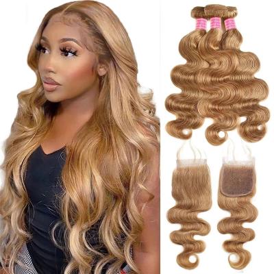 China Best Selling 100% Unprocessed Virgin Human Natural Curly Grade 10a Color 27# Body Wave Hair Extension 3 Bundles Set With One Closure for sale