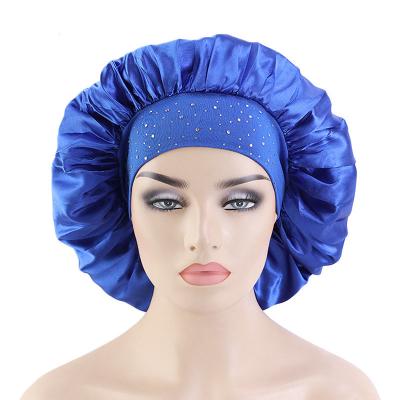 China New Arrival Cotton Band Satin Hood Solid Color Large Size Wide Sleep Hat With Diamond Adjustable Size Bonnet Hat For Women for sale