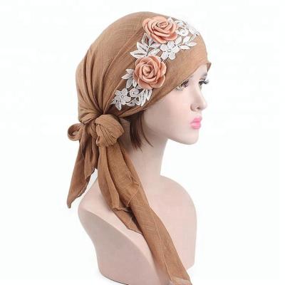 China Head Cancer Chemo Cap Beanie Hijab Wrap Scarves New Eco-Friendly Rose Embroidery Stretchy Pre-Tied Head Scarves for sale