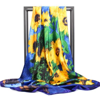 China Latest Design Square Floral Oil Painting Square Silk Satin Head Scarf for sale