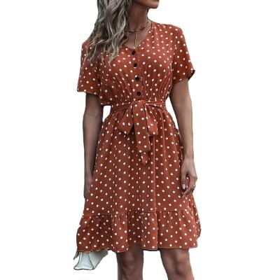 China New Anti-Static Women's Summer Button V-Neck One-Piece Short Sleeve With Belt Printed Dot Dress for sale