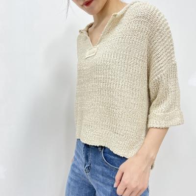 China New Fashion Anti-Shrink Ladies Design Knitted Medium Sleeve V-Neck Pullover Sweater For Women for sale