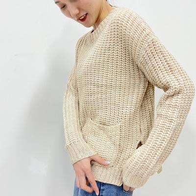 China Anti-Shrinkage New Autumn Color Beige Color Pocket Long Sleeve Teenager Pullover Casual Knitted Women Sweater for sale