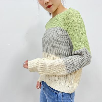 China New Autumn Knitted Thick Needle Stripe anti-shrink color blocking long sleeve pullover sweater for women for sale