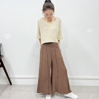 China New Fashion Breathable Custom Ladies Smocked Cotton Leg Mineral Washed Wide Leg Pants for sale