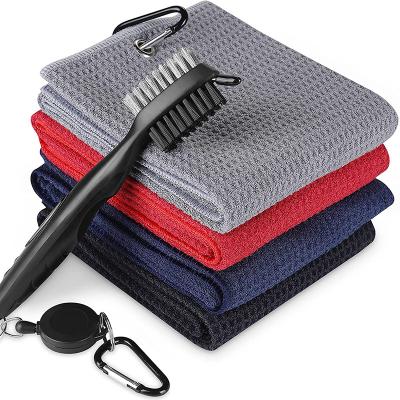 China QUICK DRY Golf Towels Set 4 Pack Microfiber Waffle Pattern Golf Towels With Clip 1 Golf Club Brush With Aluminum Retractable Zipper C Line for sale