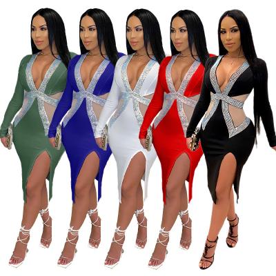 China Hot Drill Tight Mesh Mesh Party Dress Leisure Sexy Dresses Hip Trending Women's 2022 Brand New Breathable Deep V-Neckline Clothing for sale