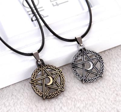 China Gothic Stainless Steel Men's Star Pentagon Stainless Steel Necklace Around The Hollow Dangling Moon Pendant Jewelry Accessories for sale