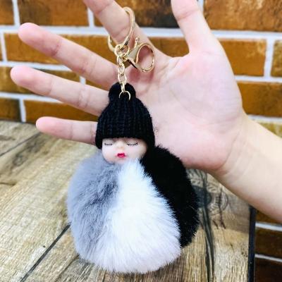 China Promotions/Gifts/Decoration 2024 Hot Selling Cute 8cm Sleeping Doll Keychain Pom Pom Pom Key Chain Fluffy Car Key Ring Bag Charm Gift Plush Key Chain for sale