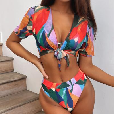 China 2022 2 Piece Women Summer Print Beach Bikinis Swimwear Antibacterial Sexy African Culture String Tie Top Bikini Set With Short Sleeves for sale