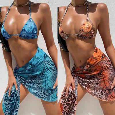 China 2022 QUICK DRY new designer Luxury Sexy 3 piece leopard print straps conceal string lift up dress swimwear beach wear bikini set for sale