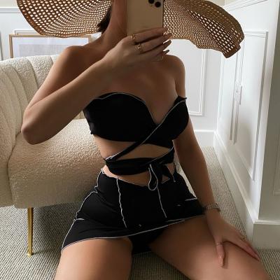 China Fashion Show Antibacterial Sexy Ladies Black 3 Piece Halter Neck Ties Bikini Skirt Set Swimsuit With Cover Ups Beachwear For Young Girl for sale