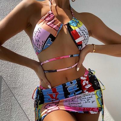 China Ladies 2022 Brazil Antibacterial Sexy Three Piece Personalizzation Printed Neck Cutout Lanyard Beach Wear Swimwear Bikini Set Hanging Swimsuit for sale