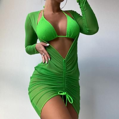 China Summer Fashion Show Maiden Antibacterial Green Three Piece Push Up Stripe Swimwear Bikini Cover Ups Beach Dress For Hot Sexy Women for sale