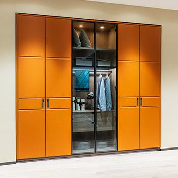 China Orange modern leather built-in wardrobe in wood for sale