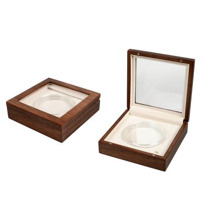 China Custom Logo Natural Walnut Wooden Coin Window Opening Design Square Custom Box Packaging for sale