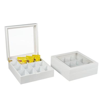 China Custom 12 Compartments Open Window Lid Design Removable Tea Bag Wooden Liner Box for sale