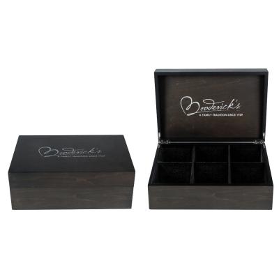 China Luxury Black 6 Compartments Box Custom Logo Wooden Tea Bag Storage Silk Screen Box for sale