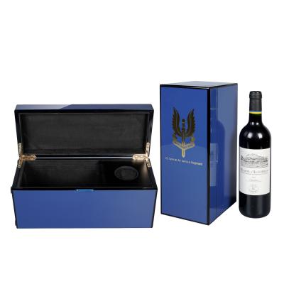 China Handmade Factory Wholesale Blue Single Bottle Packaging Luxury Glossy Wooden Wine Boxes for sale