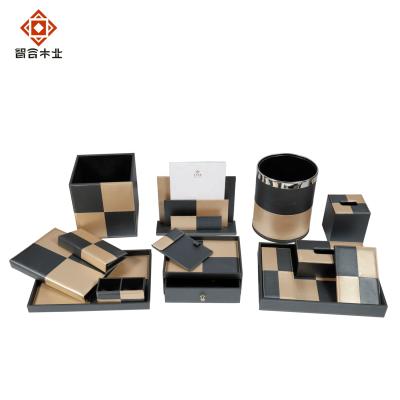 China Modern Custom Blue White Double Color Hotel Leather Supplies Leather Amenities Set Leather Accessories For Hotel Guest Room for sale