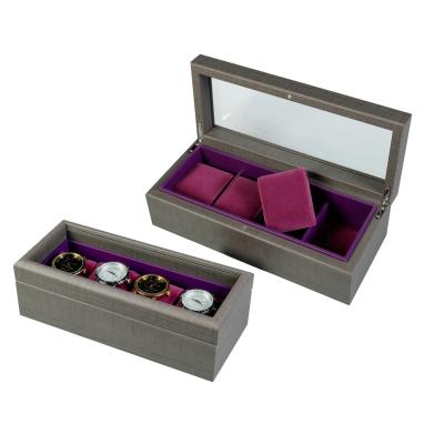 China Transparent Logo Gray Luxury Wood Watch Box Custom Made Luxury New Design Glass Cover 4 Compartments for sale