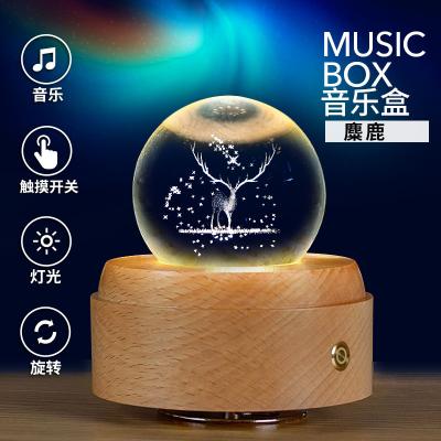 China Music Playing New Hand Crank Musical Box with Projection LED Light 3D Custom Crystal Ball Wooden Music Box for sale