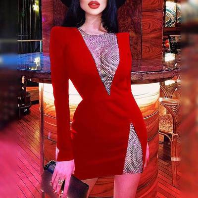 China Anti-wrinkle sexy low-cut slit long sleeve ladies dress high elastic polyester evening dress for sale