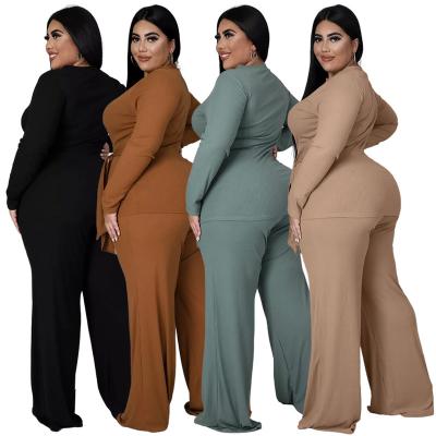 China - Women Casual Both Pieces Sets Soft Long Sleeve Bandage Tops + Pockets Wide Leg Long Pants Solid 2 Pieces Set for sale