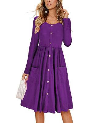 China British Style Pocket Waist Button Round Neck Breathable Solid Color Long Sleeve Breathable Long Dress Feminine Women's Clothing for sale