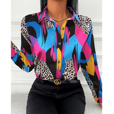 China new Anti-wrinkle color women printed shirts matching lapel long sleeve shirt plus size women's blouses and shirts for sale