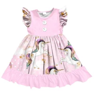 China Wholesale Hot Sale Cotton Girls Boutique Flutter Sleeve Healthy Kids Dress Baby Milksilk Cartoon Skirt With Printed Unicorn for sale