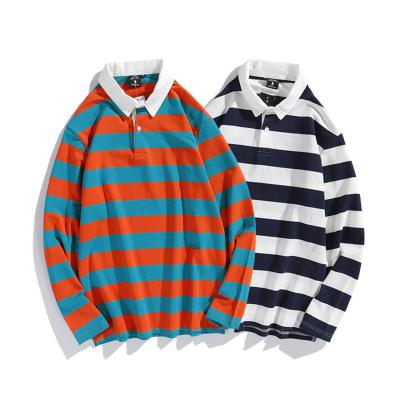 China Anti-pilling new style stripe color design 100% cotton knit men's turn-down empty collar long sleeves stripe casual t-shirt for men for sale