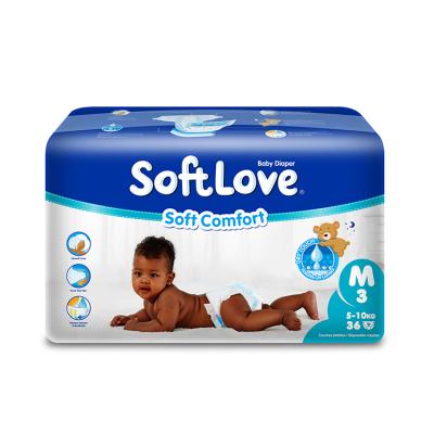 China Softlove Plain Weave M 36'S Customized Baby Diapers Super Woven Fabric Printed Non Leakage Disposable Diapers for sale